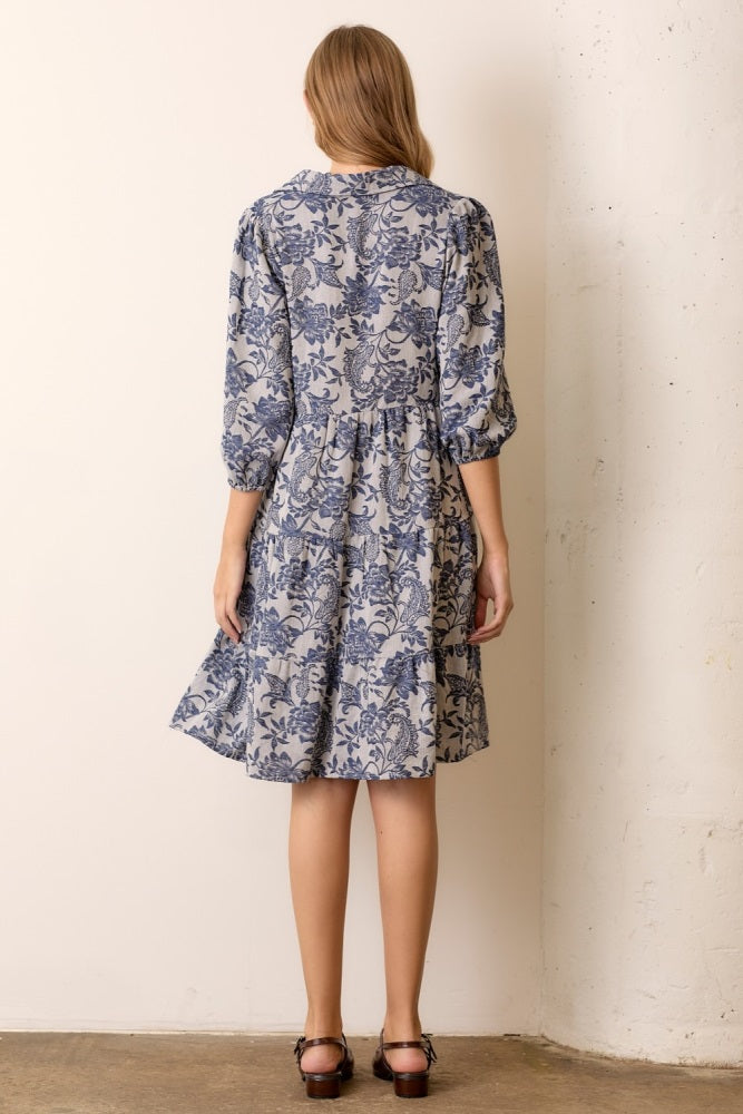 Navy Floral Button Down 3/4 Sleeve Midi Dress