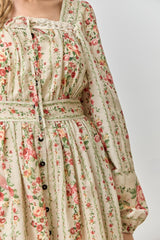 Cream Floral Stripe Button Down Long Sleeve Midi Dress