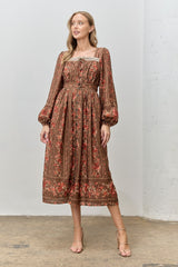 Brown Floral Stripe Button Down Long Sleeve Midi Dress