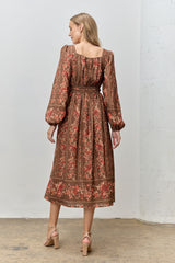 Brown Floral Stripe Button Down Long Sleeve Midi Dress