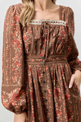 Brown Floral Stripe Button Down Long Sleeve Midi Dress