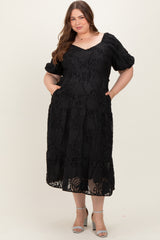 Black Leaf Textured Tiered Maternity Plus Midi Dress