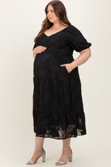 Black Leaf Textured Tiered Maternity Plus Midi Dress
