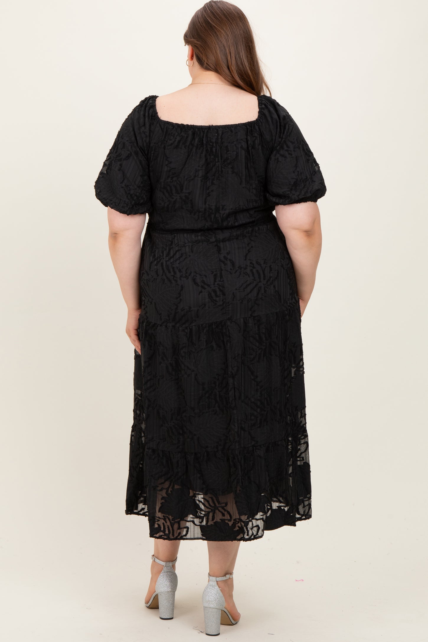 Black Leaf Textured Tiered Maternity Plus Midi Dress