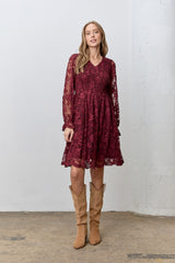 Burgundy Embroidered Lace Smocked Long Sleeve Maternity Dress