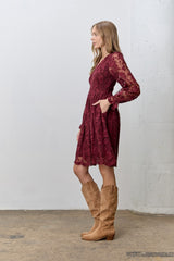 Burgundy Embroidered Lace Smocked Long Sleeve Dress