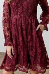 Burgundy Embroidered Lace Smocked Long Sleeve Dress