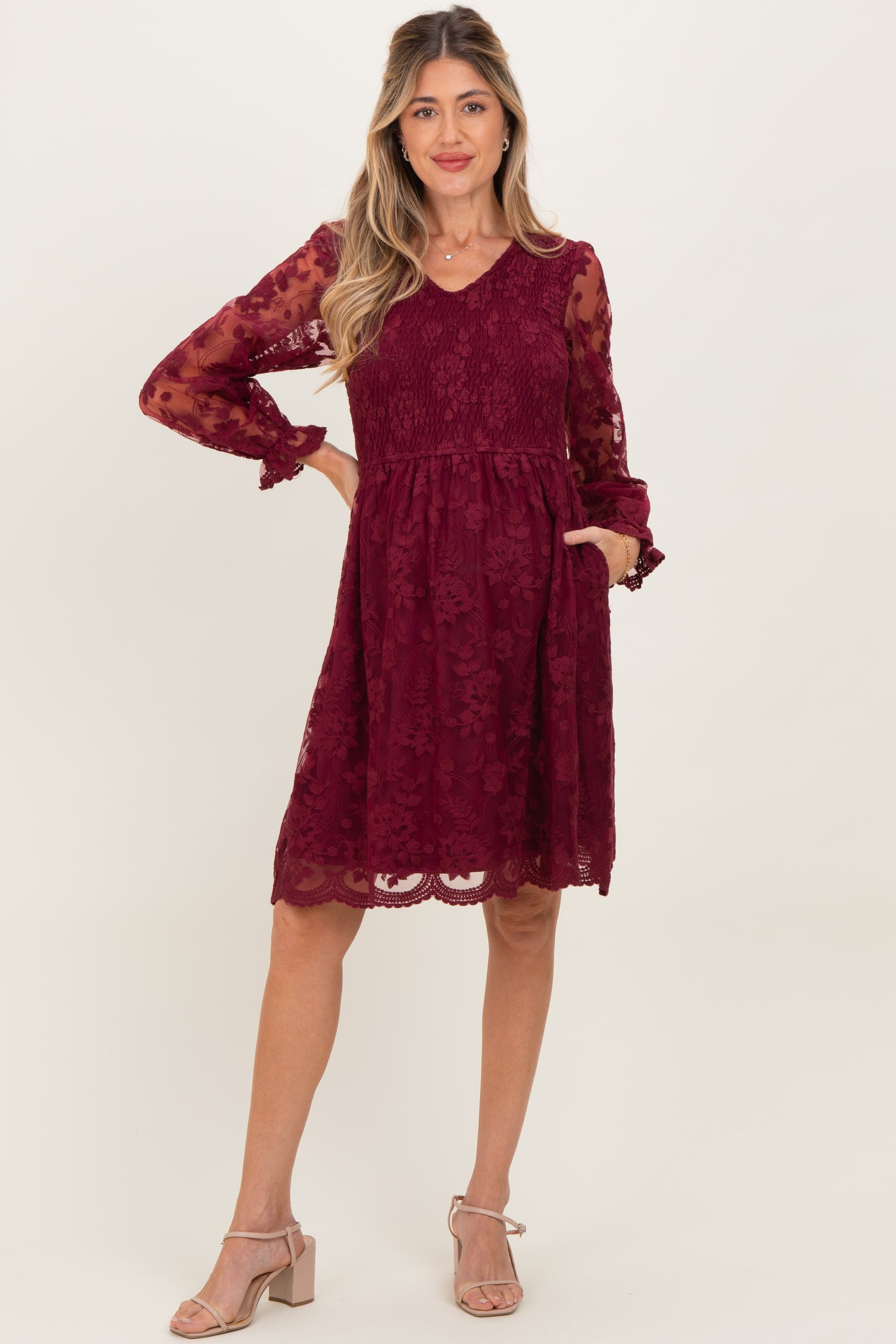Burgundy Embroidered Lace Smocked Long Sleeve Maternity Dress