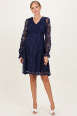 Navy Embroidered Lace Smocked Long Sleeve Maternity Dress