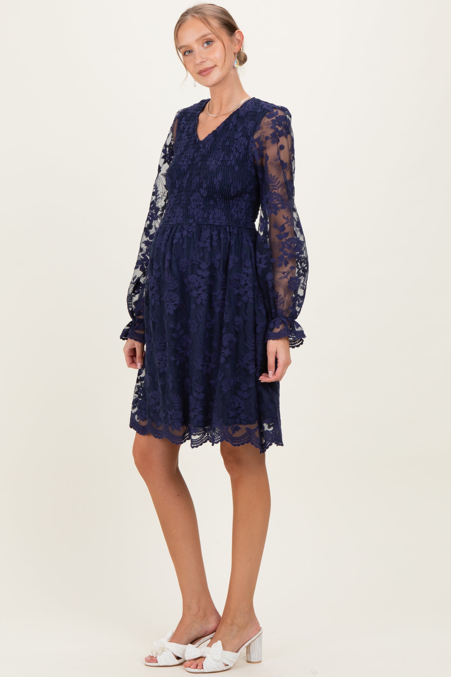 Navy Embroidered Lace Smocked Long Sleeve Maternity Dress
