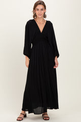 Black Solid Long Sleeve V-Neck Smocked Detail Maxi Dress