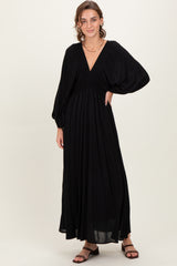 Black Solid Long Sleeve V-Neck Smocked Detail Maxi Dress