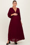 Burgundy Solid Long Sleeve V-Neck Smocked Detail Maternity Maxi Dress