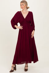 Burgundy Solid Long Sleeve V-Neck Smocked Detail Maxi Dress