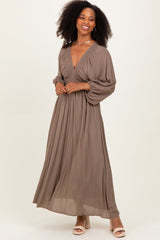 Mocha Solid Long Sleeve V-Neck Smocked Detail Maxi Dress