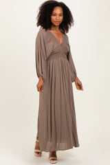 Mocha Solid Long Sleeve V-Neck Smocked Detail Maxi Dress