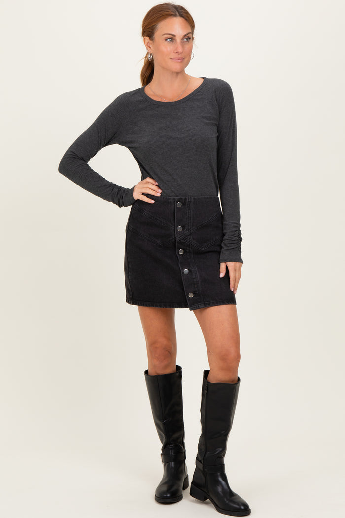 Charcoal Solid Ribbed Ruched Long Sleeve Top
