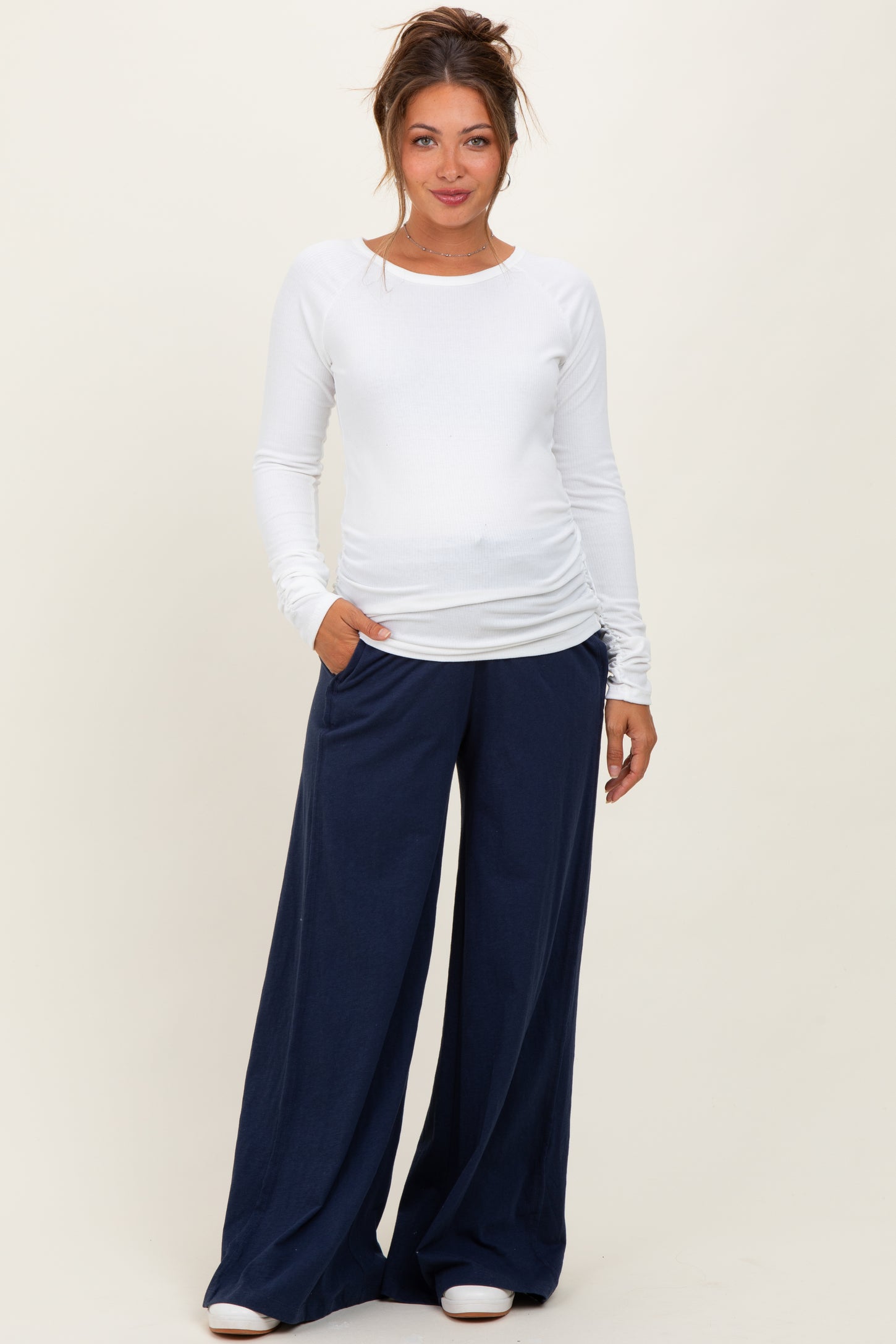 Ivory Solid Ribbed Ruched Long Sleeve Maternity Top