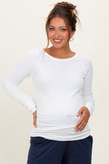 Ivory Solid Ribbed Ruched Long Sleeve Maternity Top