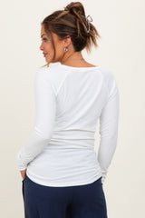 Ivory Solid Ribbed Ruched Long Sleeve Maternity Top