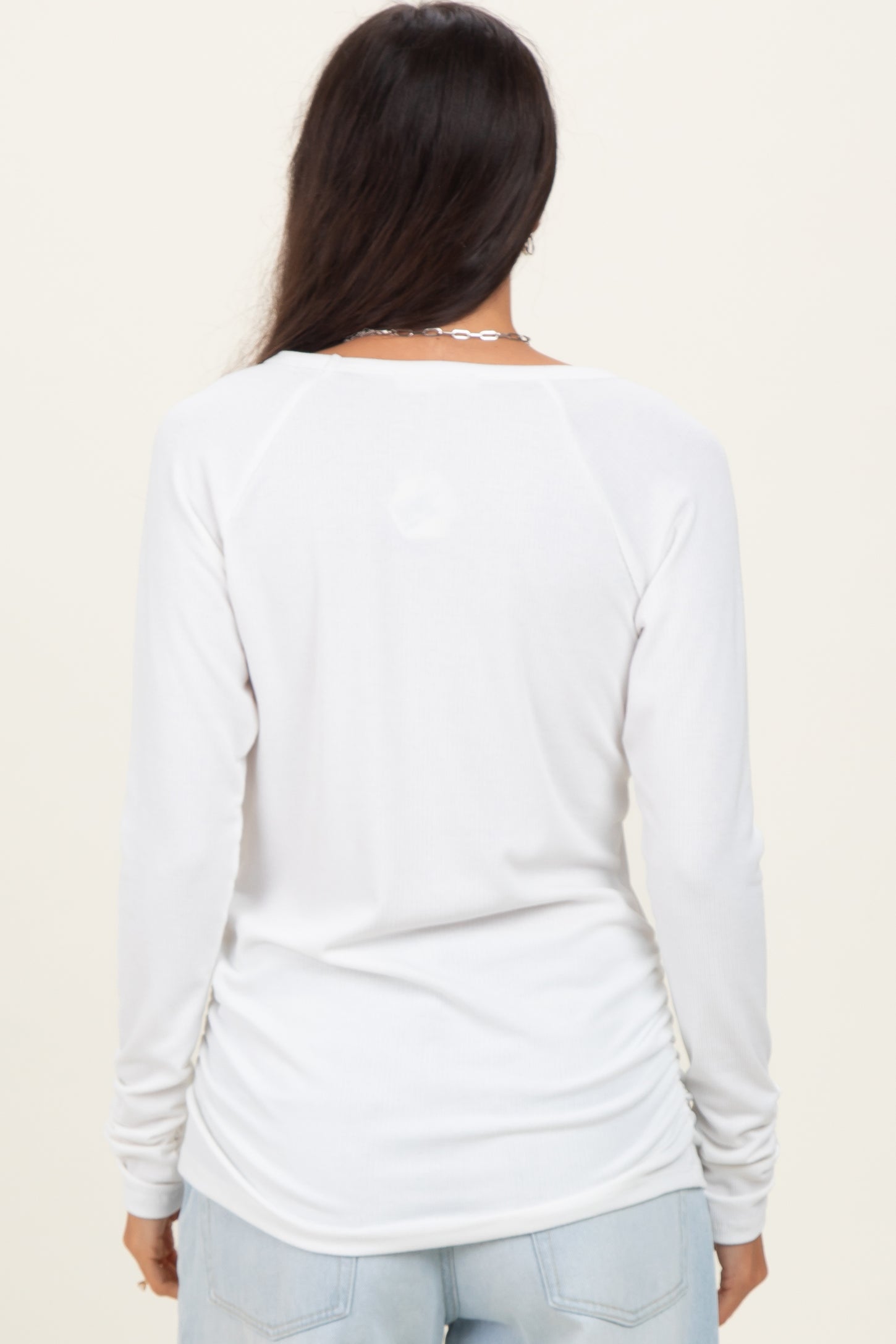 Ivory Solid Ribbed Ruched Long Sleeve Top