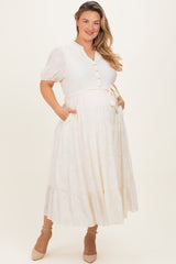 Cream Split Neckline Tiered Maternity Plus Midi Dress
