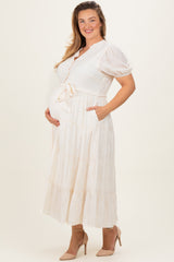 Cream Split Neckline Tiered Maternity Plus Midi Dress