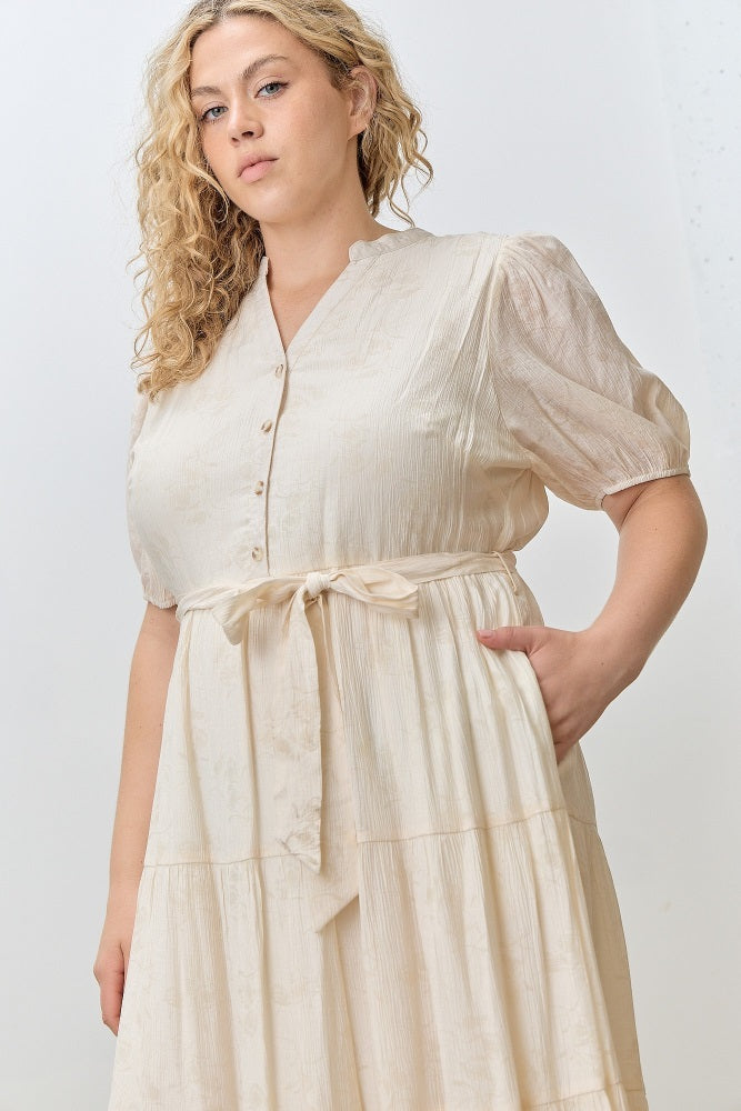 Cream Split Neckline Tiered Plus Midi Dress