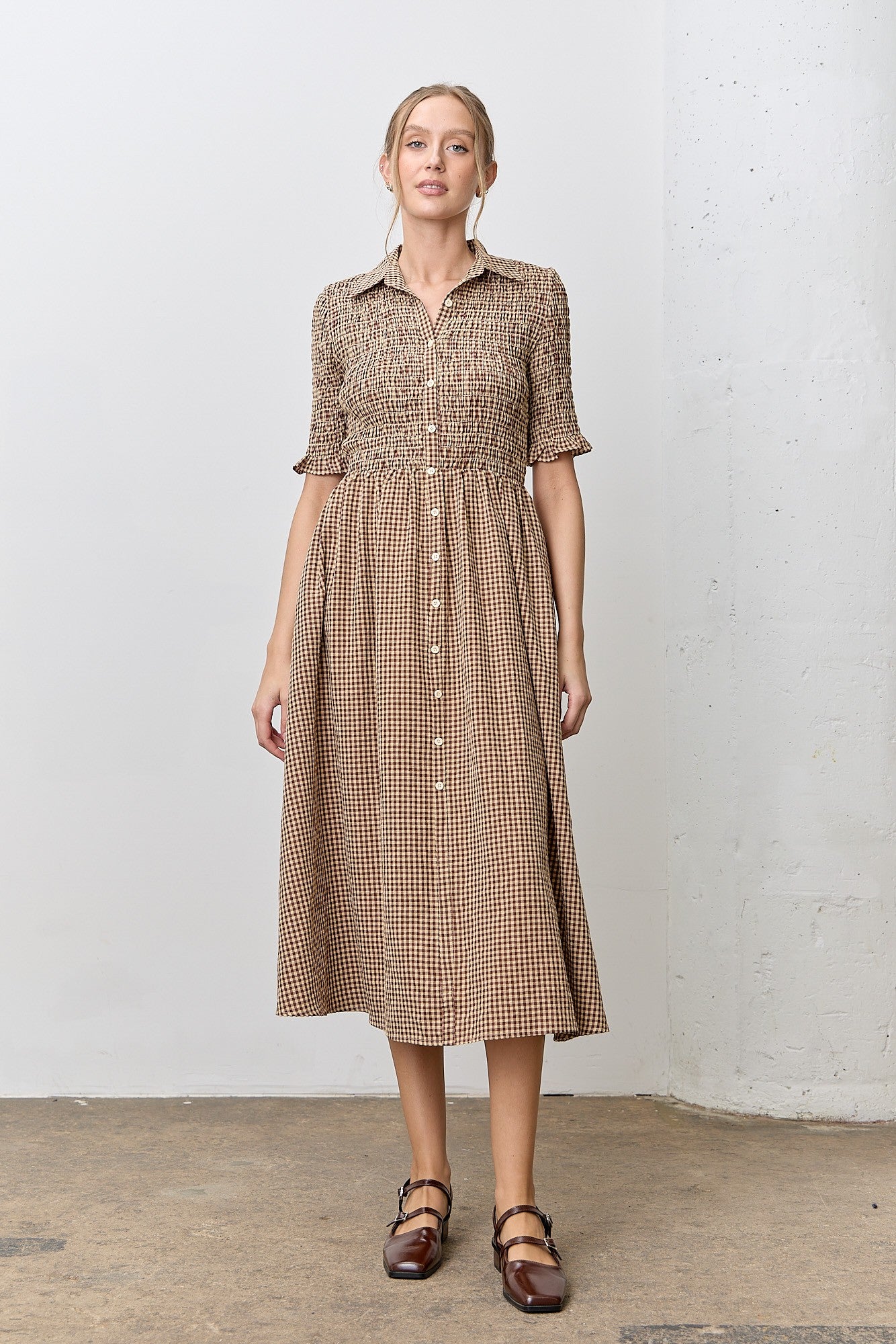 Mocha Gingham Smocked Button Down Maternity Midi Dress