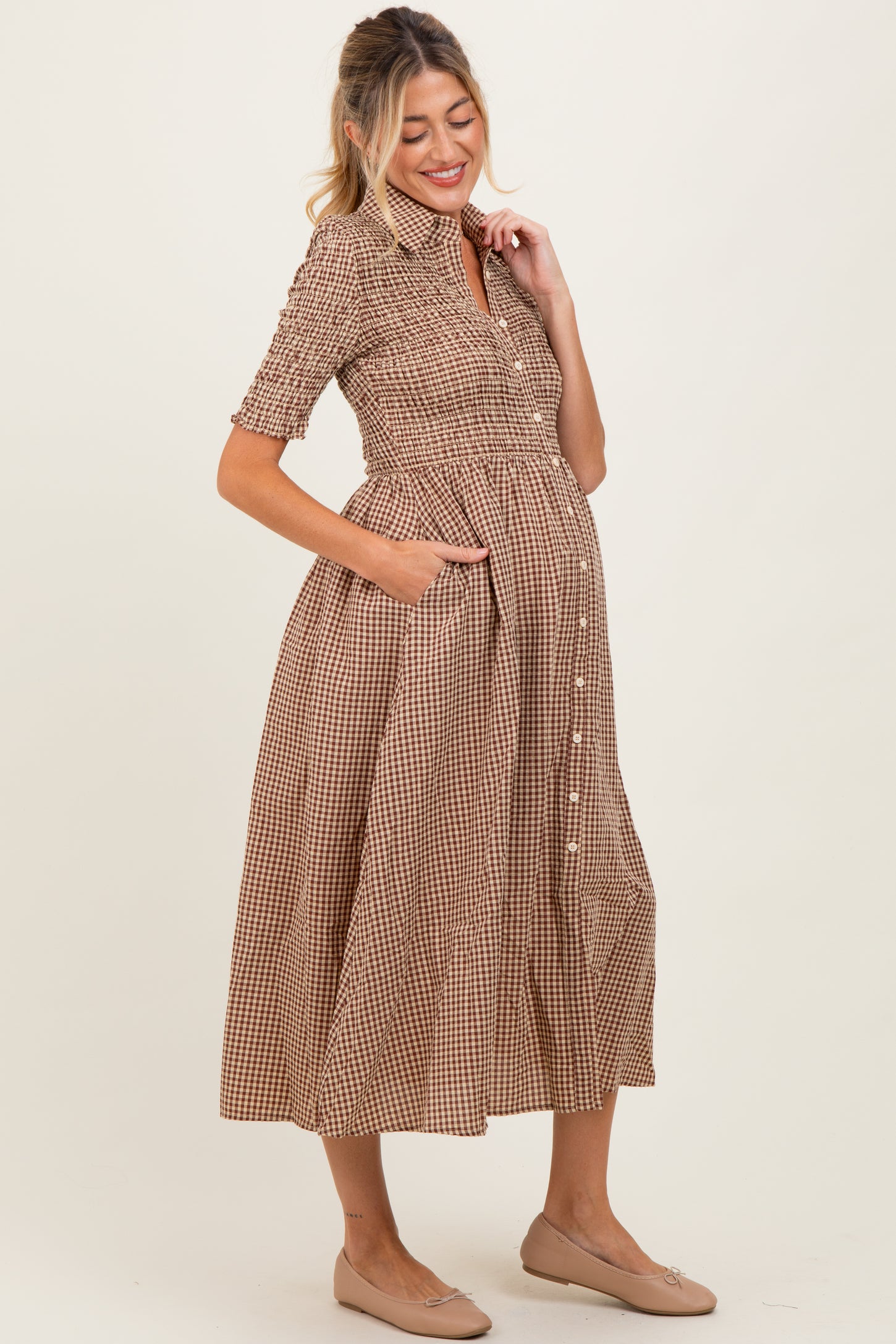 Mocha Gingham Smocked Button Down Maternity Midi Dress