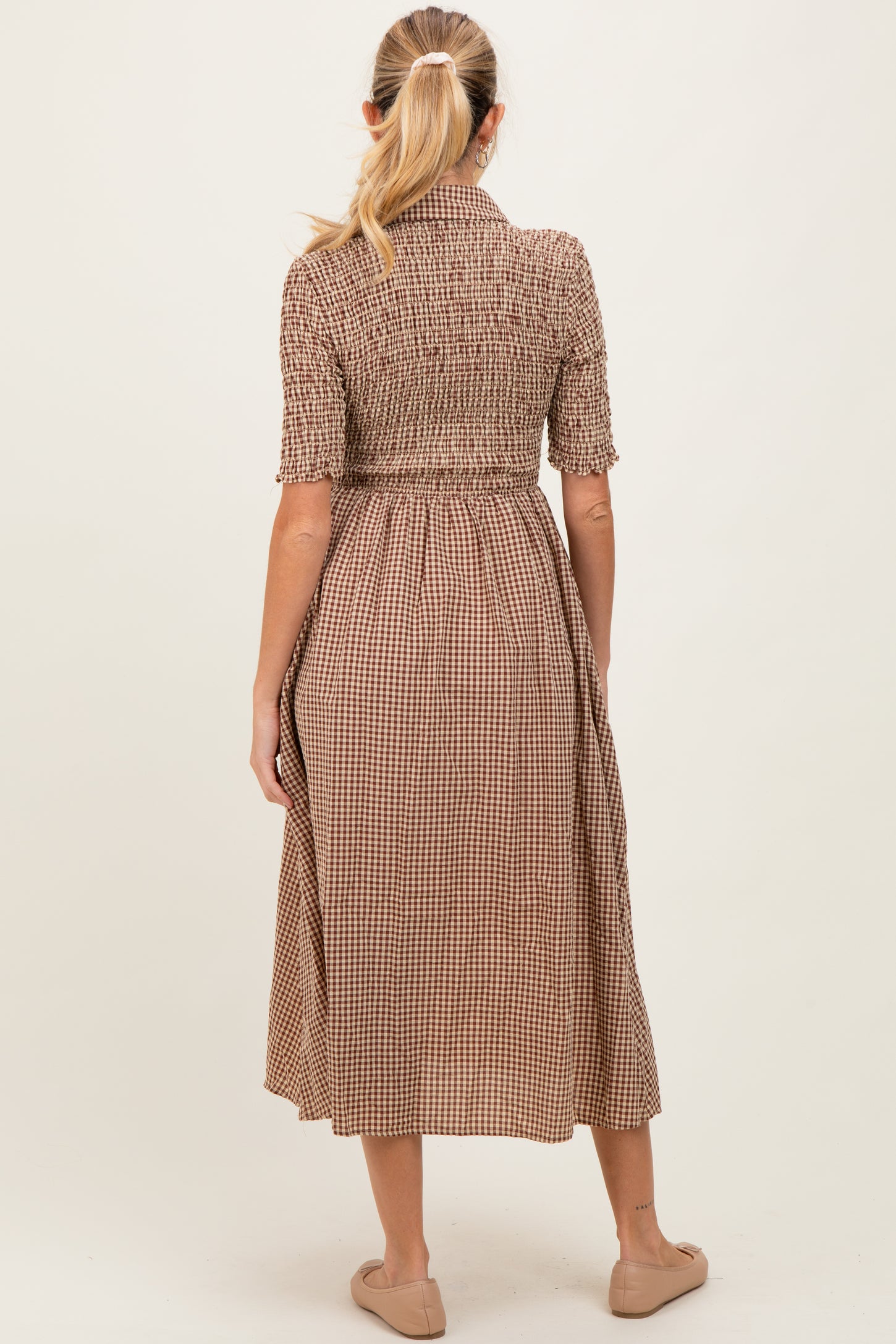 Mocha Gingham Smocked Button Down Maternity Midi Dress