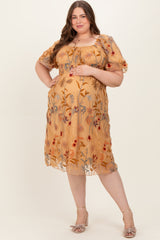 Dark Yellow Floral Embroidered Mesh Maternity Plus Dress
