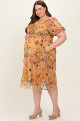 Dark Yellow Floral Embroidered Mesh Maternity Plus Dress