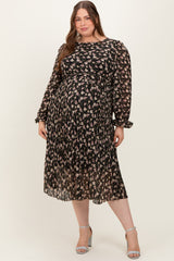 Black Floral Chiffon Long Sleeve Pleated Maternity Plus Midi Dress