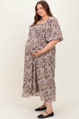 Taupe Floral Square Neck Short Puff Sleeve Maternity Plus Midi Dress