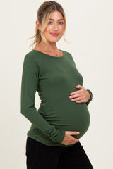 Olive Solid Ribbed Ruched Long Sleeve Maternity Top