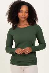 Olive Solid Ribbed Ruched Long Sleeve Top