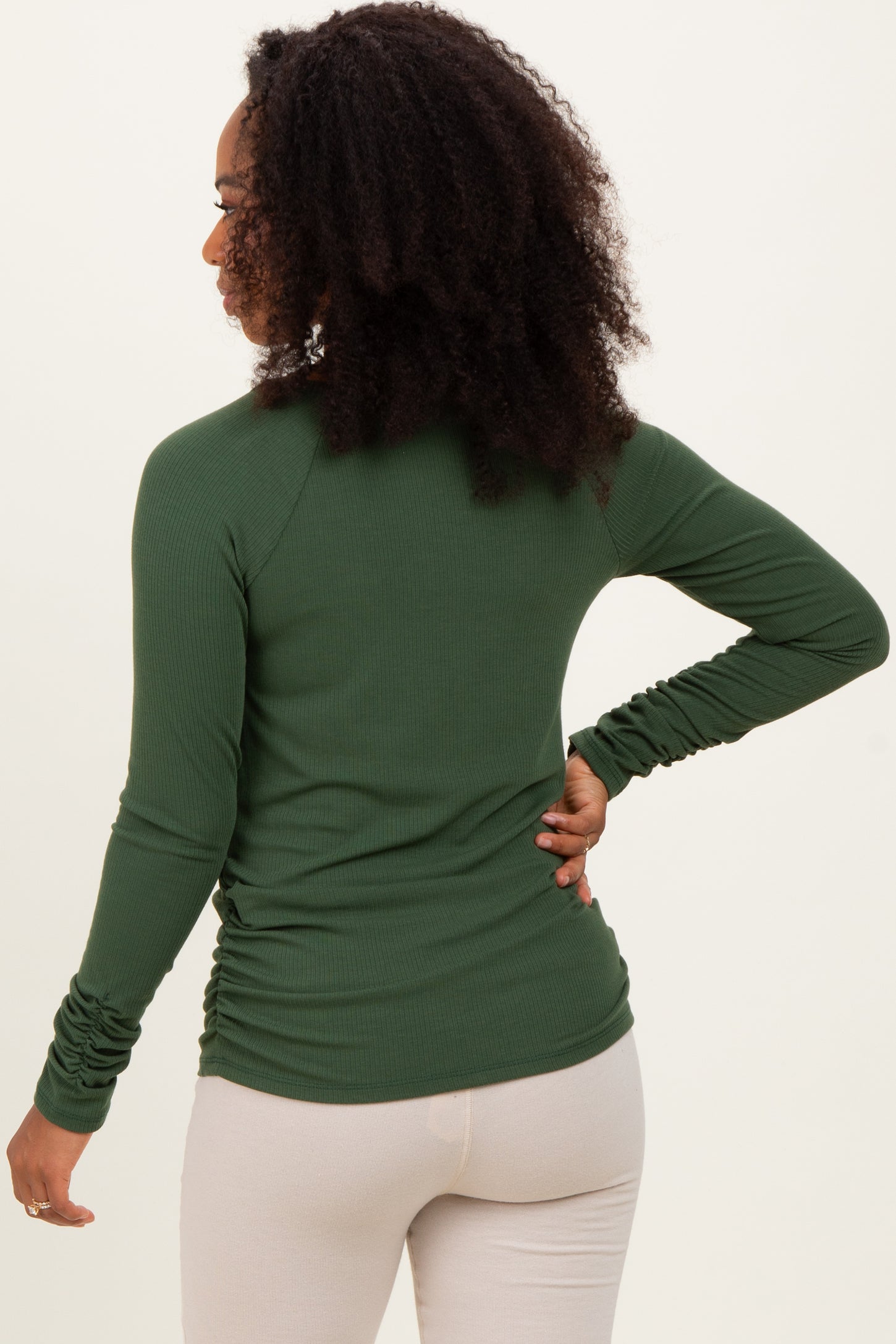 Olive Solid Ribbed Ruched Long Sleeve Top