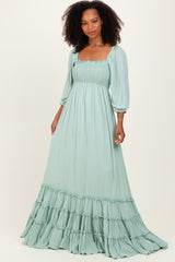 Sage Solid 3/4 Sleeve Smocked Top Tiered Maternity Maxi Dress