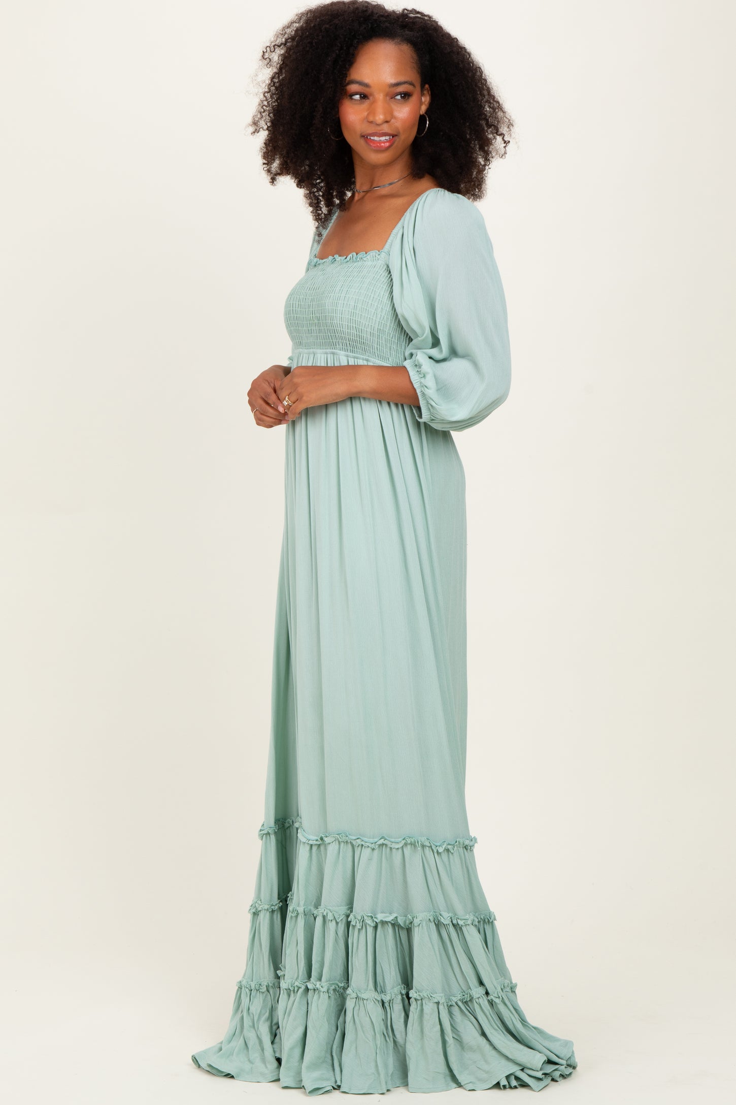 Sage Solid 3/4 Sleeve Smocked Top Tiered Maxi Dress