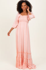 Light Pink Solid 3/4 Sleeve Smocked Top Tiered Maxi Dress