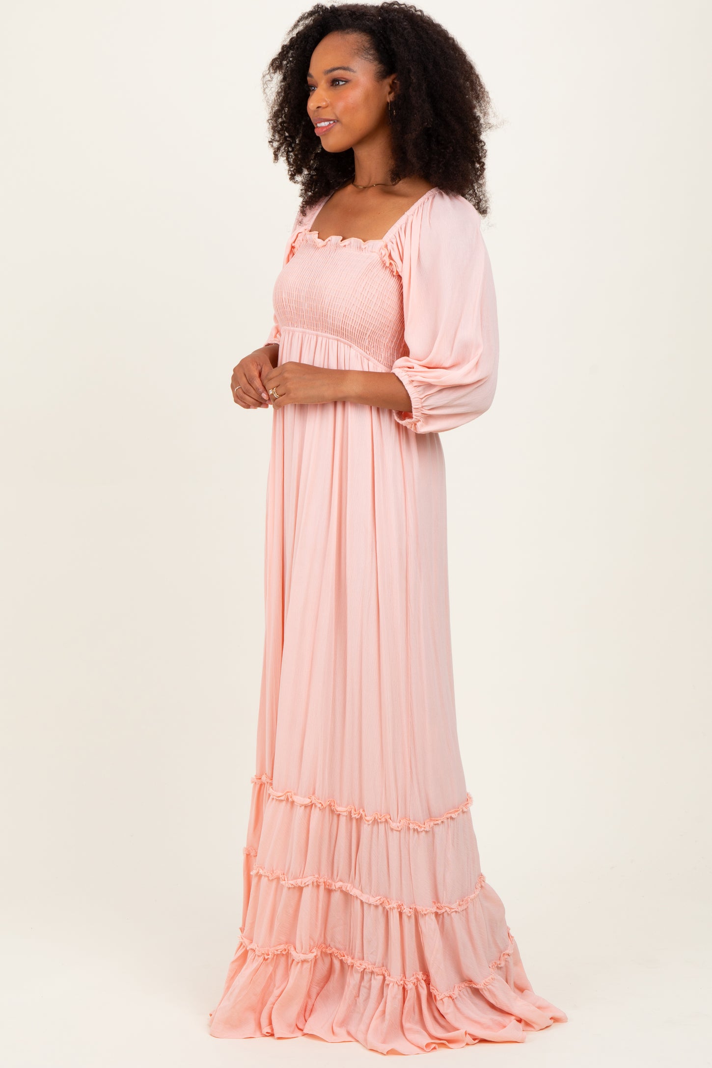 Light Pink Solid 3/4 Sleeve Smocked Top Tiered Maxi Dress
