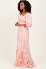 Light Pink Solid 3/4 Sleeve Smocked Top Tiered Maxi Dress