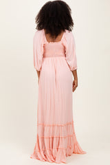 Light Pink Solid 3/4 Sleeve Smocked Top Tiered Maxi Dress