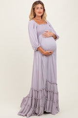 Lavender Solid 3/4 Sleeve Smocked Top Tiered Maternity Maxi Dress