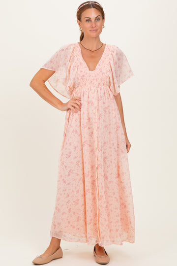 Light Pink Floral Chiffon Short Sleeve V-Neck Smocked Top Maxi Dress