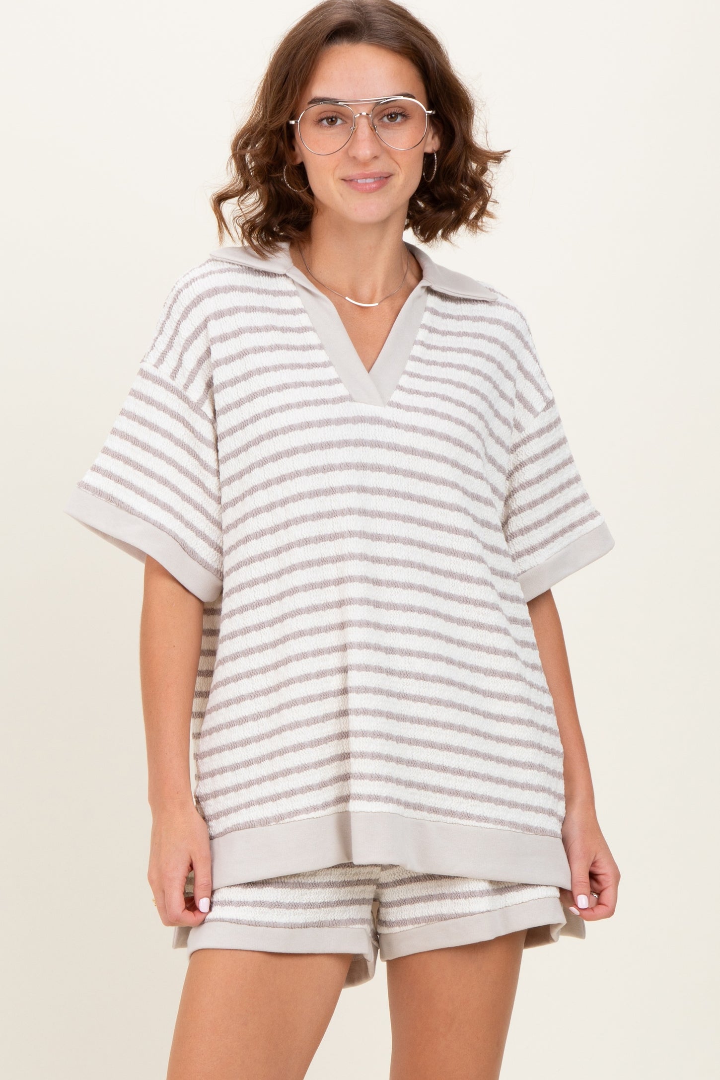 Cream/Beige Stripe Short Sleeve Maternity Short Set