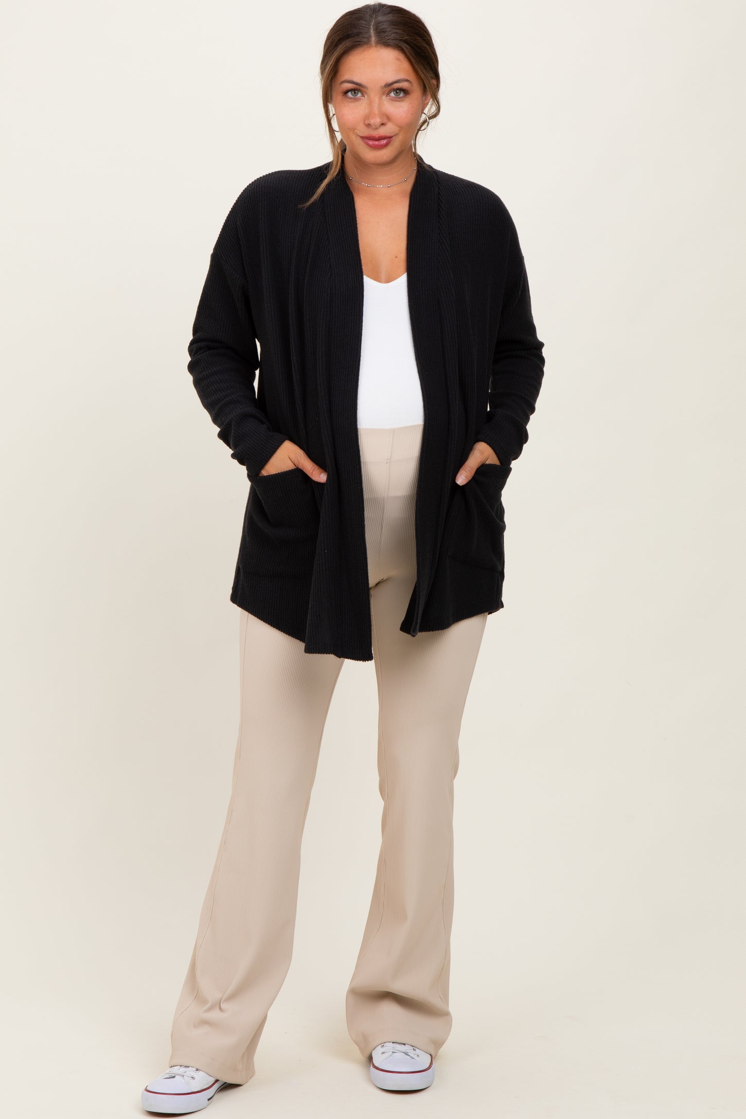 Black Solid Ribbed Long Sleeve Open Front Pocket Maternity Cardigan