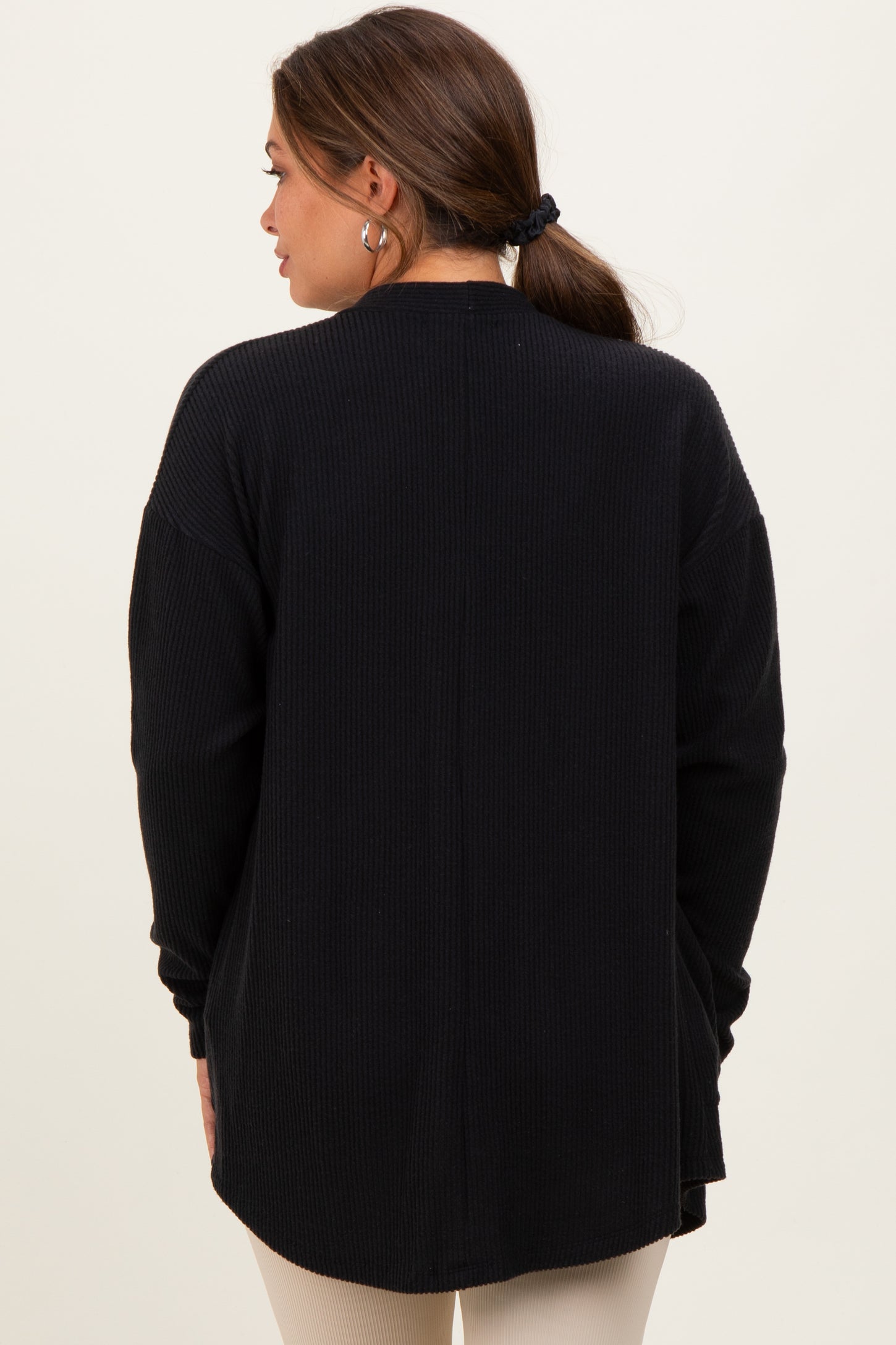 Black Solid Ribbed Long Sleeve Open Front Pocket Maternity Cardigan