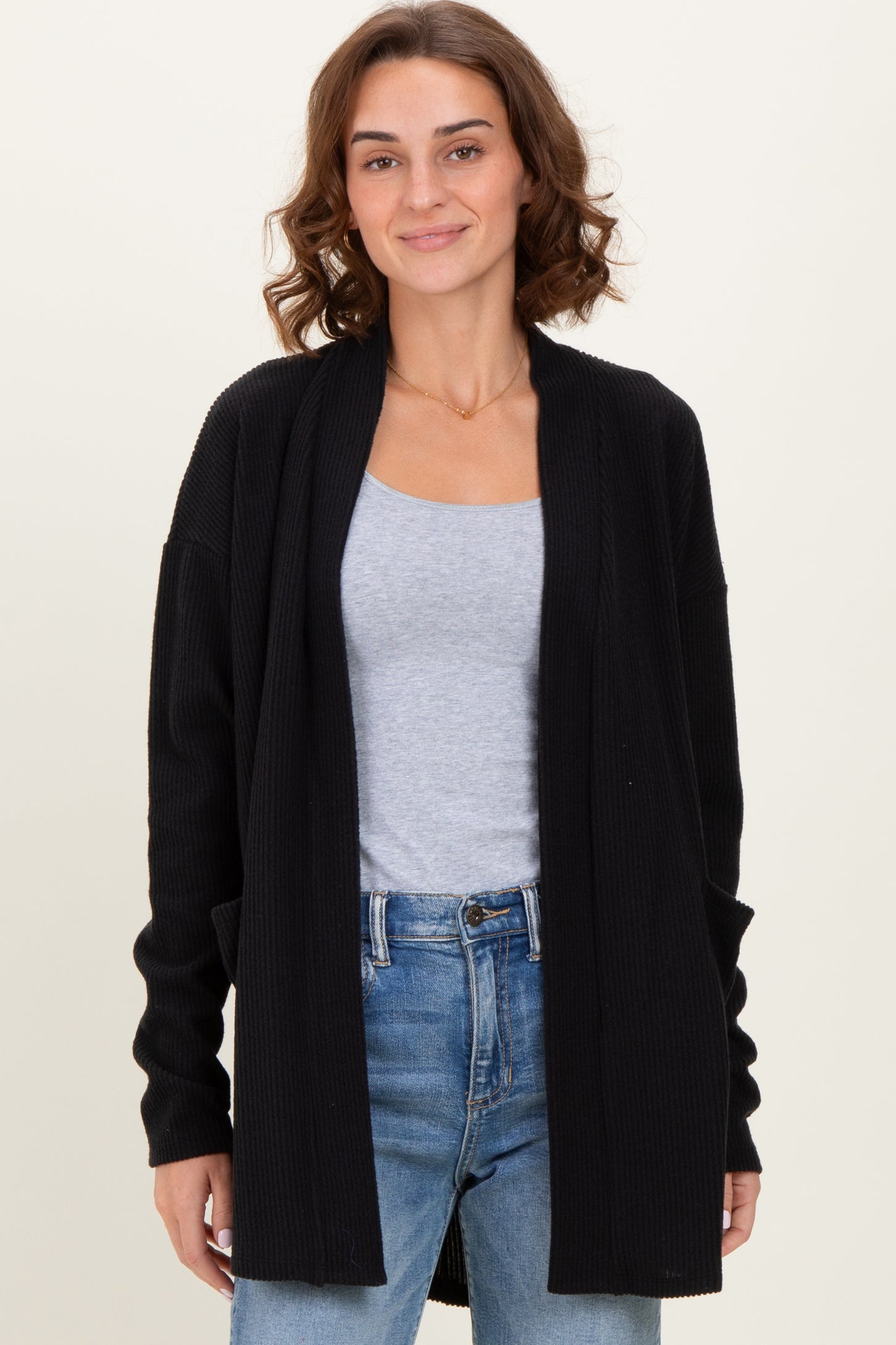 Black Solid Ribbed Long Sleeve Open Front Pocket Maternity Cardigan